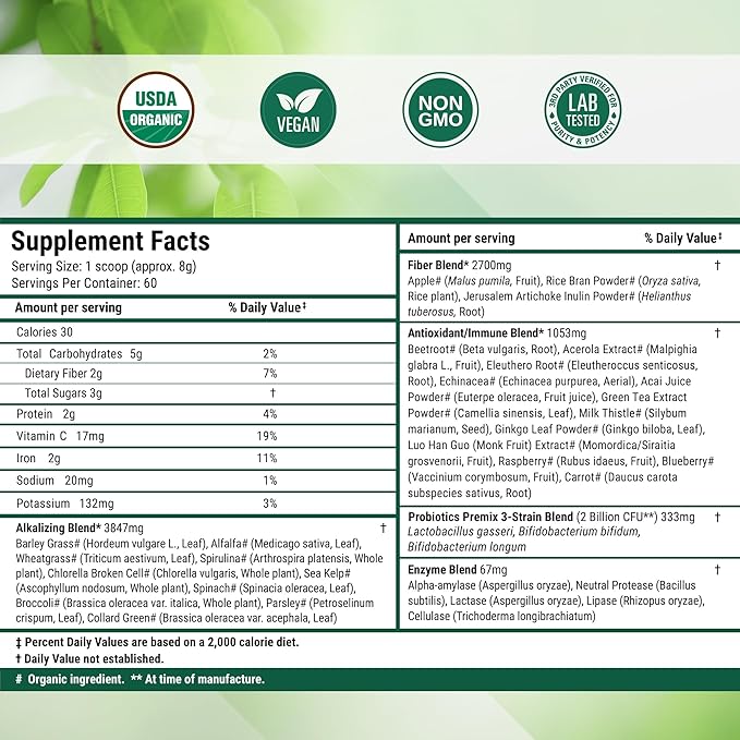 Nested Naturals Super Greens Daily Superfood Powder - Certified USDA Organic Green Powder w/20+ Whole Foods, Spirulina Powder, Wheat & Barley Grass - Probiotics, Fiber & Enzymes - Original Flavor, 60