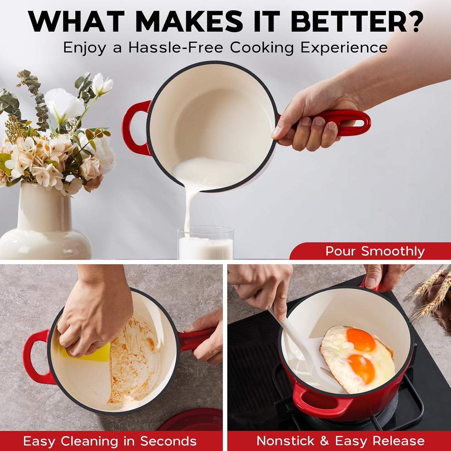 Enameled Cast Iron Sauce Pan, Onader 1QT Small Saucepan with Lid, Cast Iron Sauce Pot Enamel Dutch Oven, Nonstick & Heavy Duty – Red