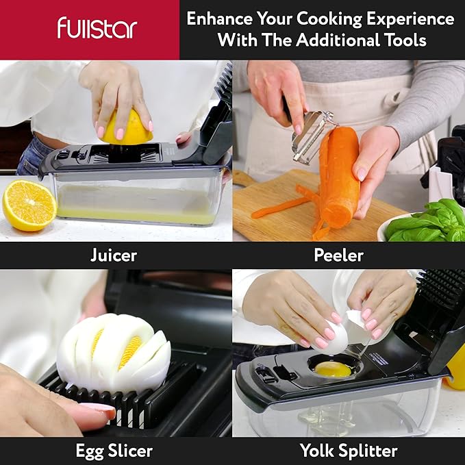 Fullstar Vegetable Chopper and Spiralizer - Food Chopper with Container, Fruit Slicer, Kitchen Gadgets & Accessories, Home Essentials (9 in 1, Black)