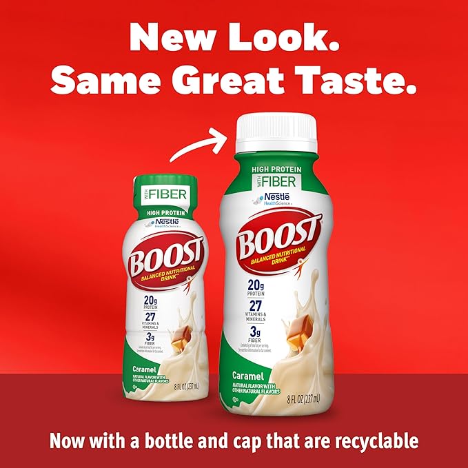 BOOST High Protein with Fiber Ready to Drink Complete Nutritional Drink, Caramel, 8 fl oz Bottle, 24 Pack