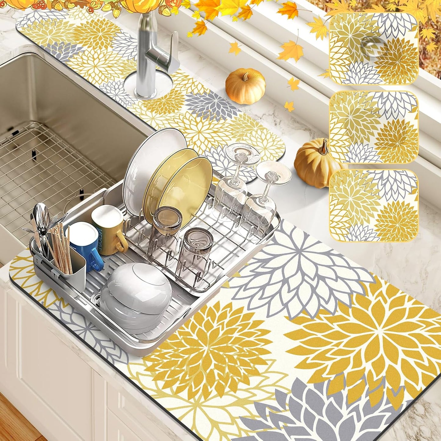 Findosom 2PCS 16" x 24" Dish Drying Mat & 24" x 5.5" Sink Splash Guard, Super Absorbent & Cuttable Dish Mat Drying Kitchen Mat with Yellow Floral, Hide Stain Drying Mat for Kitchen Counter