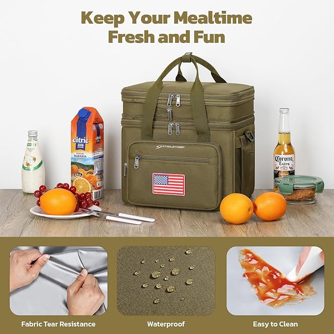 Maelstrom Tactical Lunch Box for Men, 23L Insulated Lunch Bag, Expandable Double Deck Cooler Bag, Lightweight Leakproof Tote Bag With Side Tissue Pocket, Suit For Men and Women, Khaki