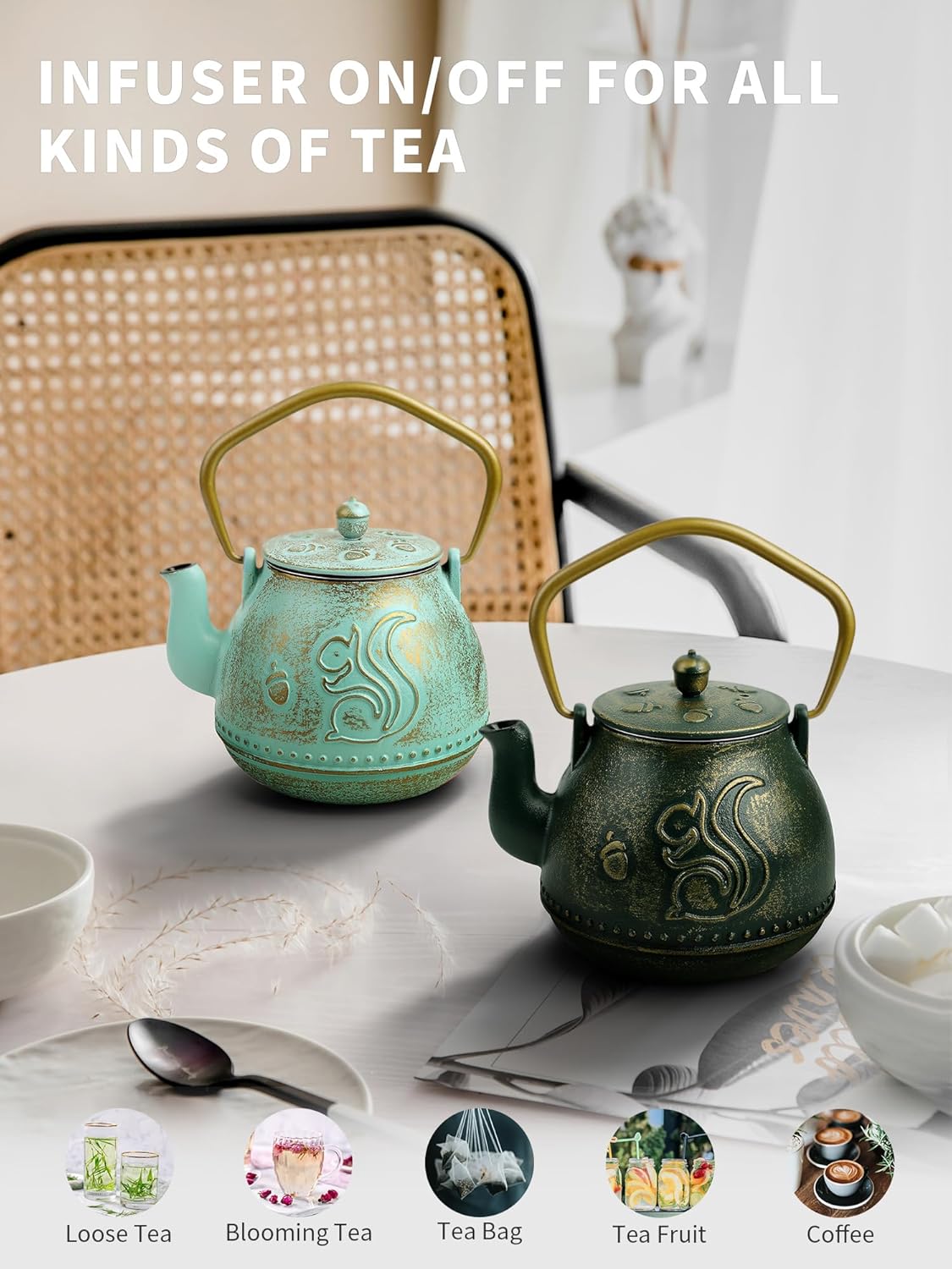 Toptier Teapot with Removable Infuser, Cast Iron Tea Kettle Stovetop Safe, Squirrel Design Tea Pot Coated with Enameled Interior for 32 Ounce (950 ml), Aqua