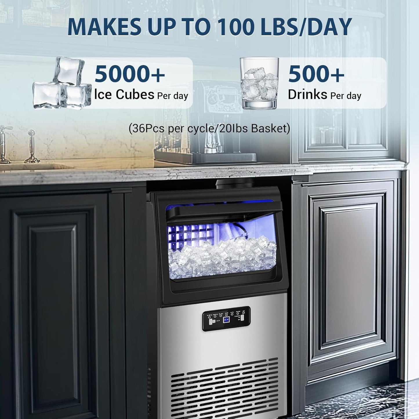 Commercial Ice Maker Machine 100Lbs/24 with 20 Storage Bin, 36Pcs Ice Cubes 9-15Mins, Dual Water Inlet Options Stainless Steel Under Counter/Freestanding Ice Cube Machine for Home, Party, Office