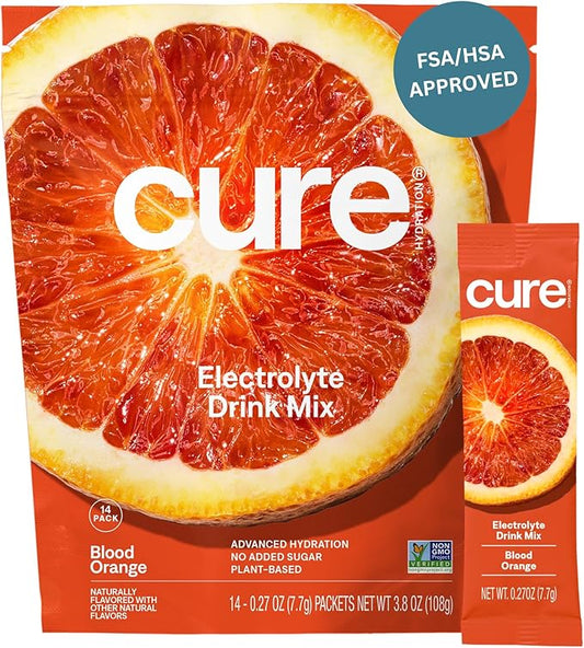 Cure Hydration | Plant-Based Electrolyte Drink Mix | No Added Sugar | FSA-HSA | Dehydration Relief Powder Made with Coconut Water | Non-GMO | Vegan | Pouch of 14 Packets - Blood Orange
