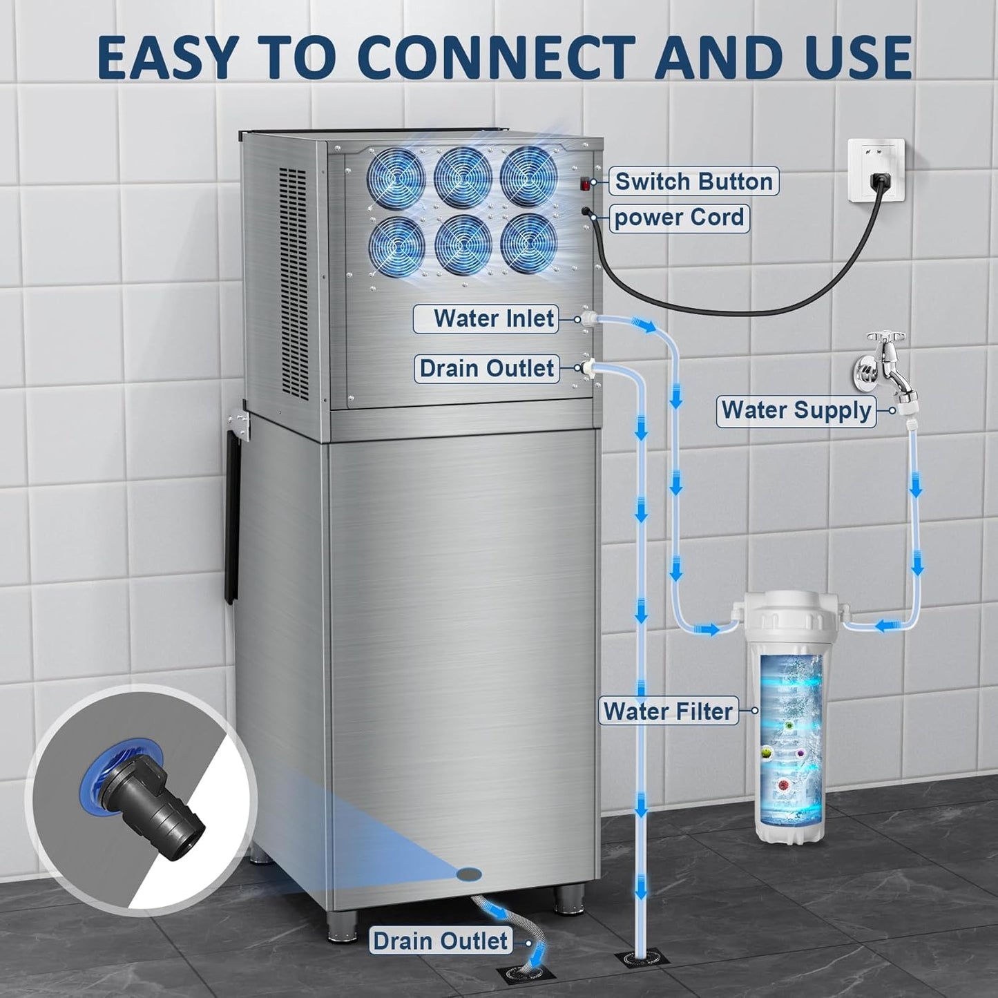 Commercial Ice Maker Machine 460LBS/24H 360LBS Ice Bin LCD Touch Screen Self Cleaning Function Freestanding Ice Maker 156 Counts Ice Ready in 5-10 min Clear Ice Cube for Cafe, Bar, Home