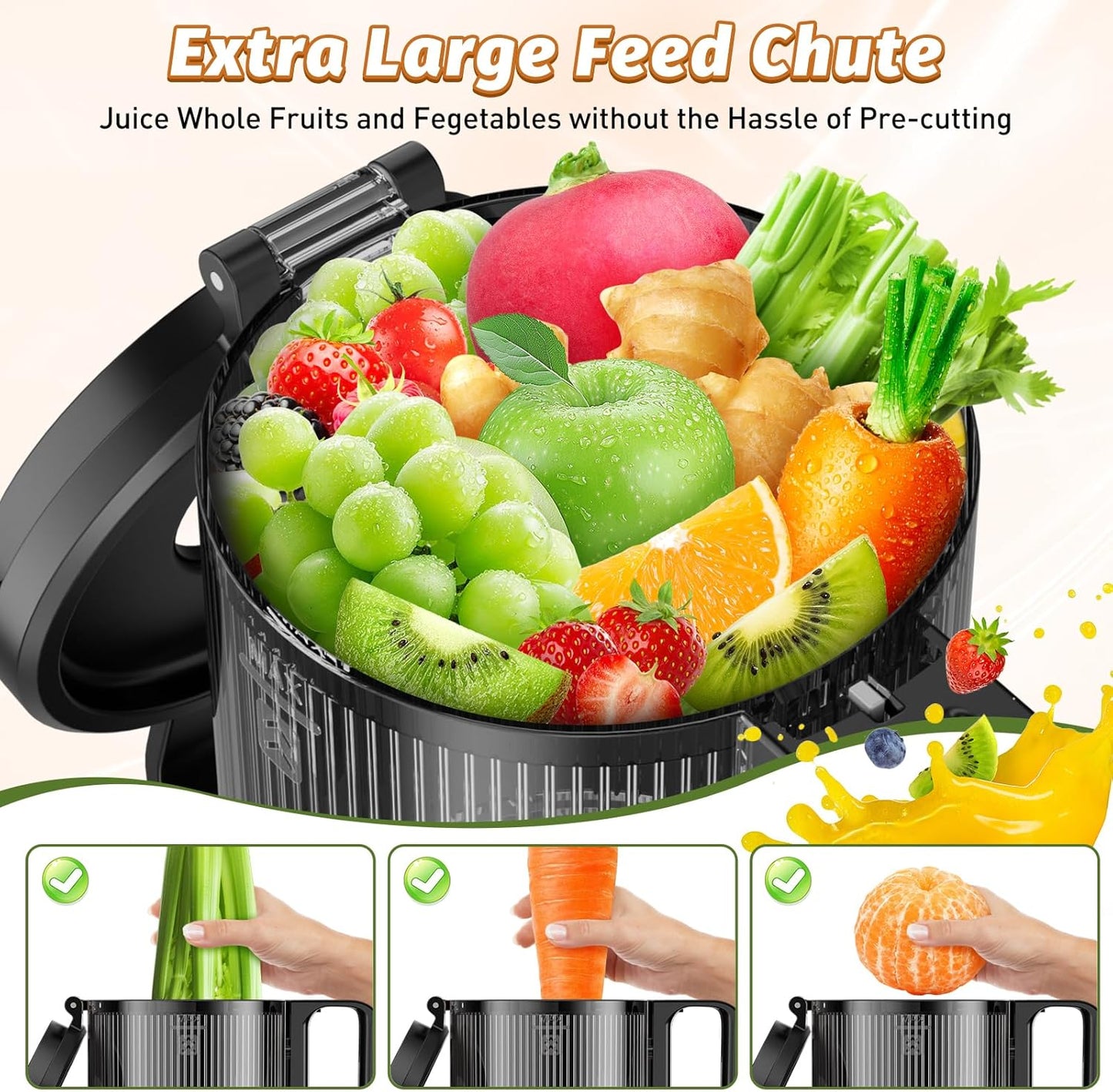 Cold Press Juicer, Juicer Machines with 5.4" Wide Feed Chute for Juice Extractor, Professional Slow Masticating Juicer for Whole Vegetables & Fruits with High Juice Yield, Easy to Clean (Black)