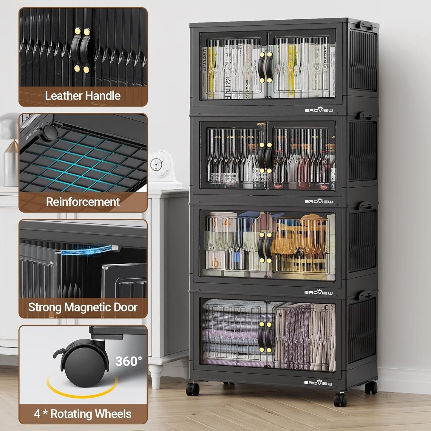 300Qt Stackable Storage Bins with Lid, Extra Large Closet Organizer Collapsible Drawer Boxes with Wheels, Folding Plastic Cabinet Containers for Home Kitchen Room Organization, 5Pack Black