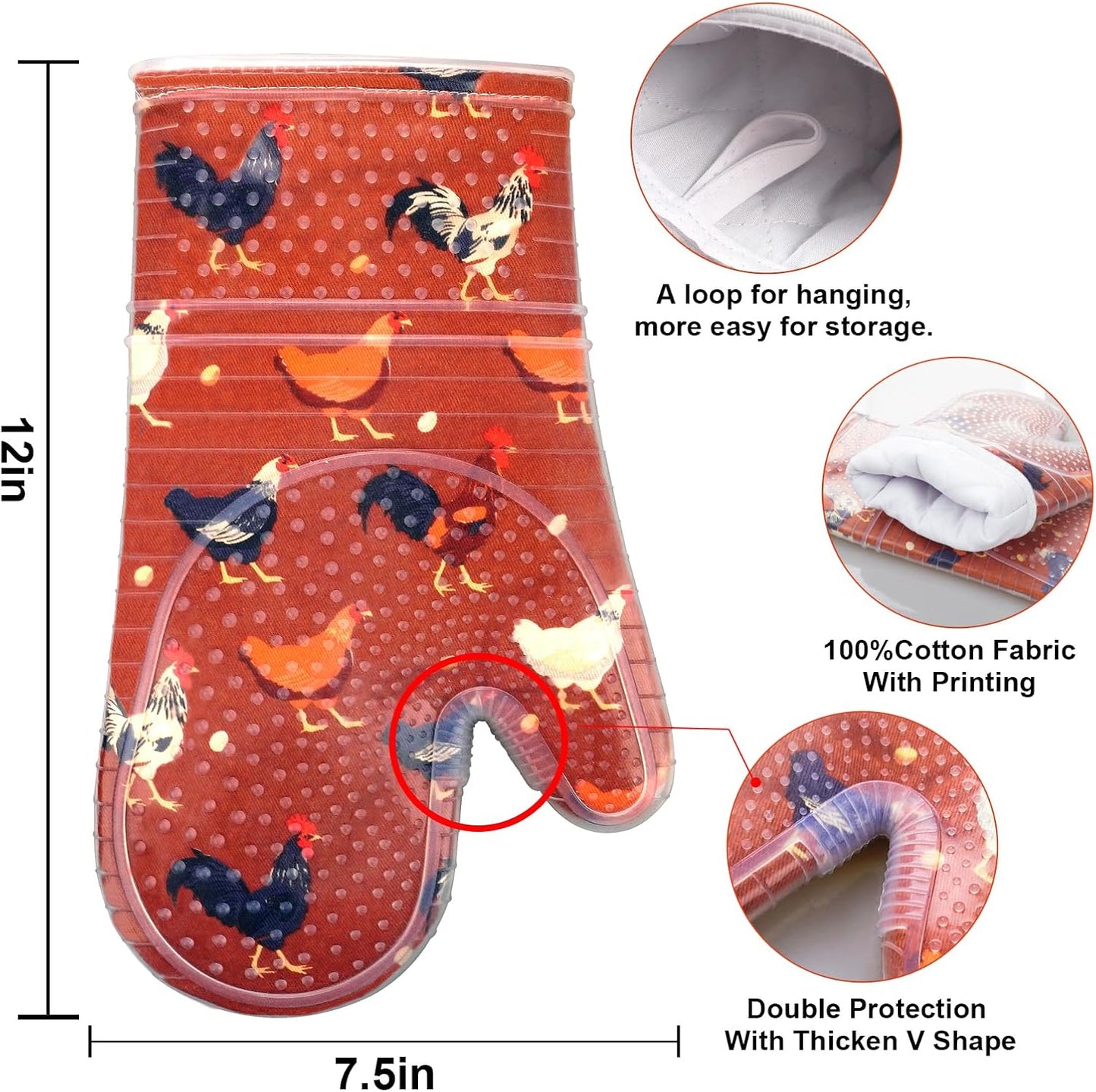 RED LMLDETA Oven Mitts Set of 2 with Transparent Clear Silicone Shell and Nice Shell Flower Cotton Lining, Heat Resistant to 500 F Kitchen Oven Gloves Pot Holder for Cooking (Rooster, Oven Mitts)