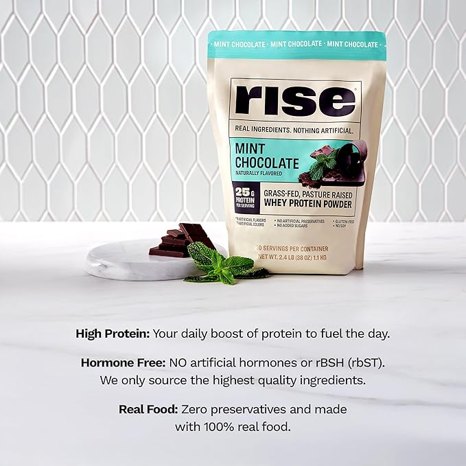 Rise Grass-Fed Whey Protein Powder - Mint Chocolate | 25g Protein No Artificial Flavors, Colors, or Preservatives - Sugar Free, Gluten-Free, Soy Free (2.4 lbs)