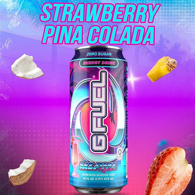 G Fuel Energy Drink, Strawberry Pina Colada, Sugar Free Beverage with 140mg Caffeine, Daily Energy Boost with Focus Amino, Vitamin + Antioxidants, 16 oz Cans (Miami Nights, 12-Pack)