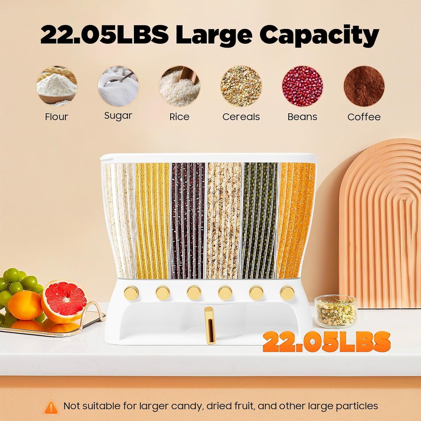 Food Storage Containers with 6 Divisions,Wall mounted 6 Grid Beans Dispenser,22Lbs Cereal Containers for Storing Flour & Sugar & Rice & Cereals & Nuts & Beans & Coffee