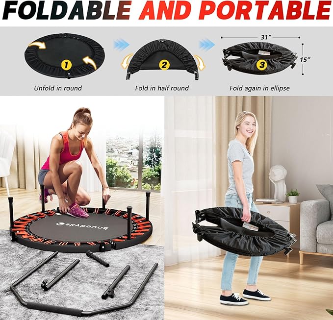 Rebounder Trampoline for Adults - 40" Foldable Mini Trampoline Fitness Rebounder with Adjustable U-Bar Handle, Max Load 350lbs,Stable Quiet Indoor/Outdoor Exercise Equipment
