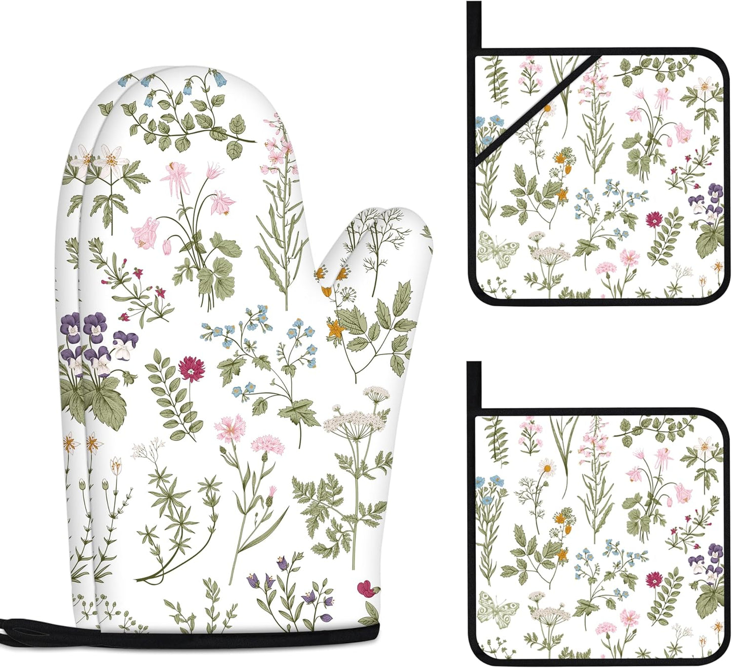 Floral Oven Mitts and Pot Holders Sets Wildflower Oven Gloves Heat Resistant 4 Pcs Pretty Decorative Kitchen Hot Pads and Mitts for Baking Cooking Grilling