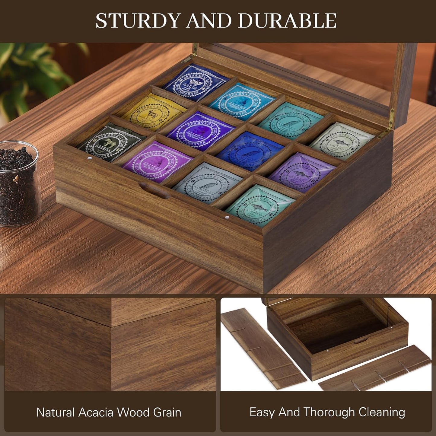 Acacia Wood Tea Bag Organizer, 12 Compartments Tea Box Organizer Storage Box, Teabag Holder Organizers with Clear Acrylic Window, Magnetic Lid and Removable Dividers