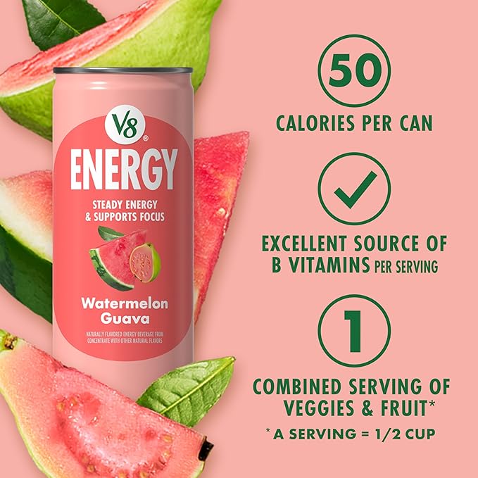 V8 Energy Watermelon Guava Energy Drink, 8 fl oz Can (24 Pack)
