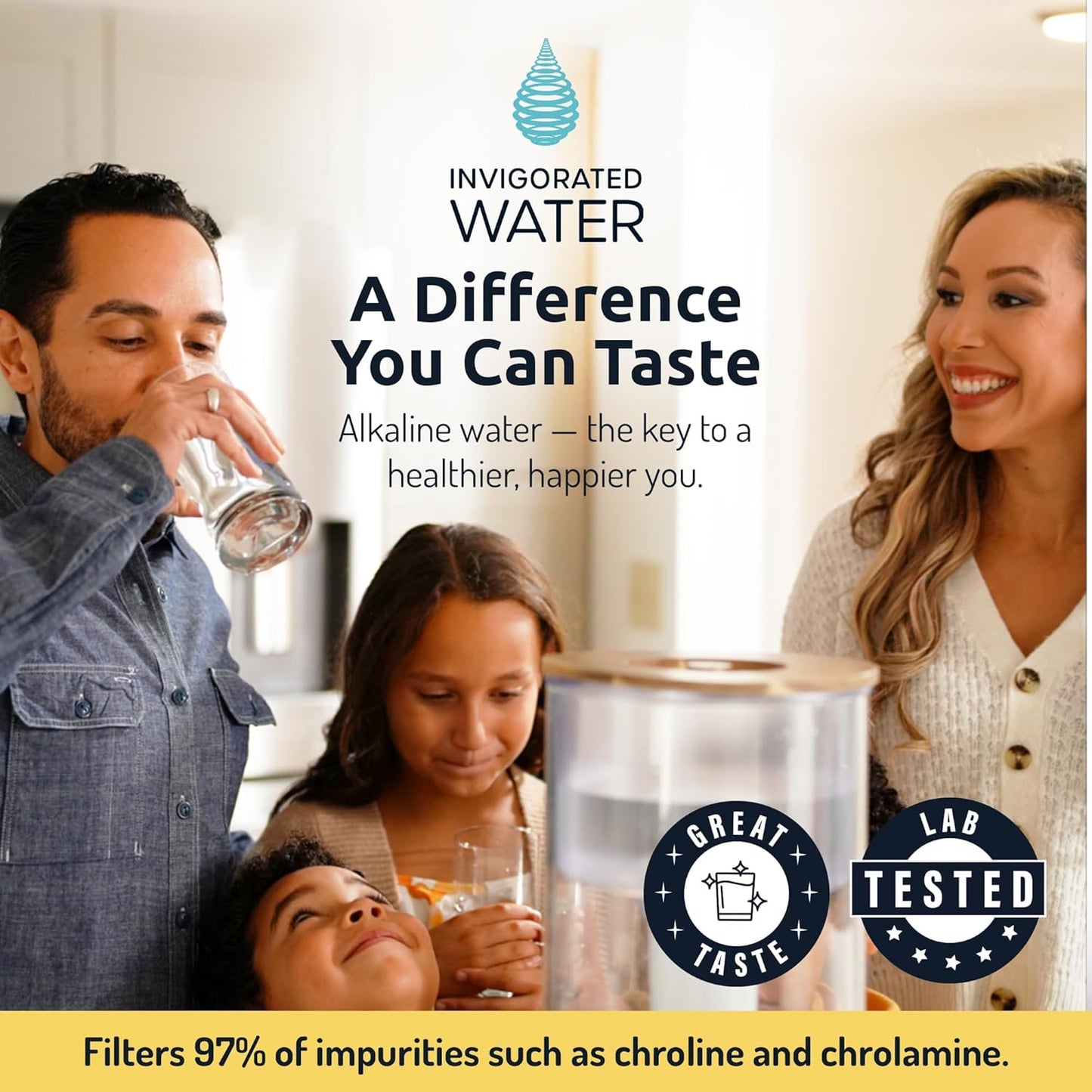 Invigorated Water pH Recharge Alkaline Water Filter Dispenser – BPA-Free Glass Countertop Water Filter Pitcher Purifier for Home & Office, 36-Cup Capacity, 360L Long Filter Life (Acacia/Marble)