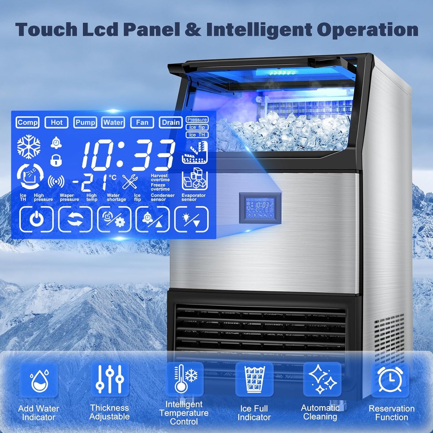 Commercial Ice Maker Machine, 500 lbs/24H with 132 lbs Storage Bin, 162 Ice Cubes in 6–20 Mins, Self-Cleaning, Stainless Steel Large Undercounter/Freestanding Ice Maker for Home, Bar, Restaurant