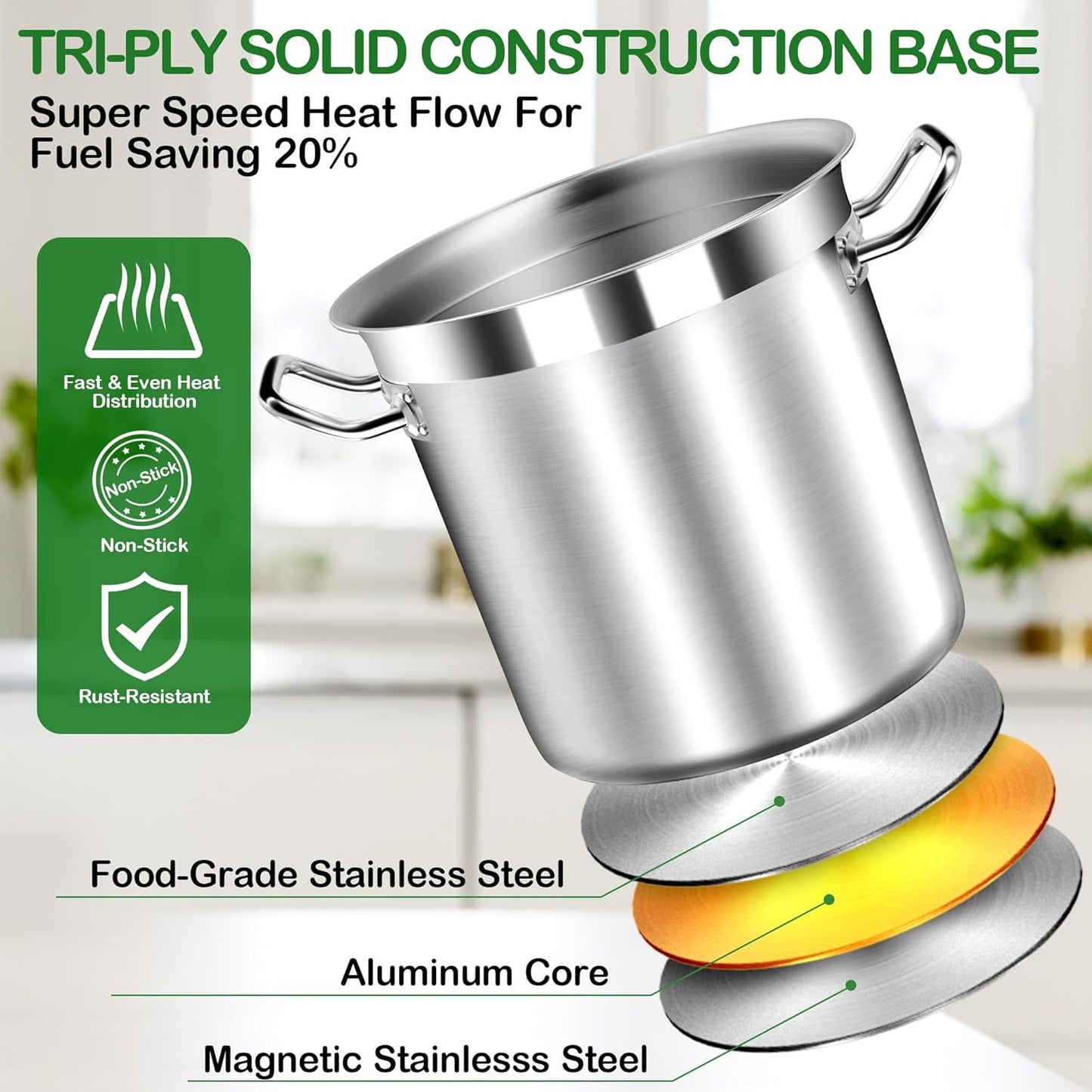 Stainless Steel 20 Quart Stockpot with Tempered Glass Lid, 3-Ply Base, 8.8 lbs, Polished Finish, Suitable for Stovetop and Oven