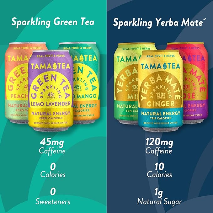 Tama Tea Sugar-Free Sparkling Green Tea Variety Pack – Organic & Naturally Energizing, Zero Calorie, Zero Carb, Non-GMO – Antioxidant-Rich with 45mg Natural Caffeine – 12 oz Cans (12-Pack)