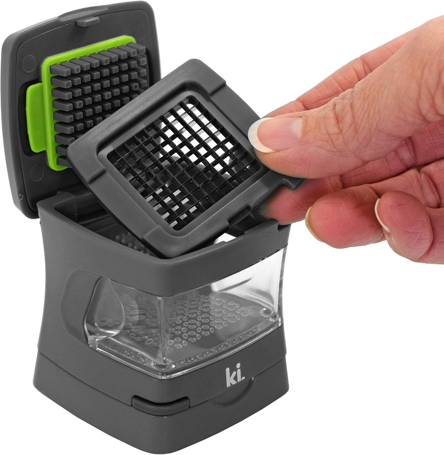 Garlic-A-Peel Garlic Press, Crusher, Cutter, Mincer, and Storage Container - Includes Silicone Garlic Peeler - Easy to Clean - Stainless Steel Blades – (Grey), standard