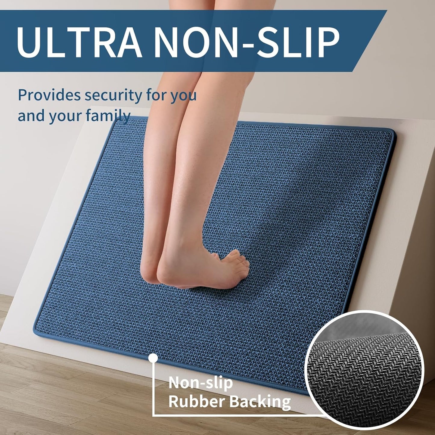 Kitchen Mats for Floor, Super Absorbent Kitchen Rugs Non Slip Washable, Soft Imitation Linen Braided Kitchen Runner Rug, Standing Mat Kitchens Sink Mat, Easy to Clean, Blue 17x95