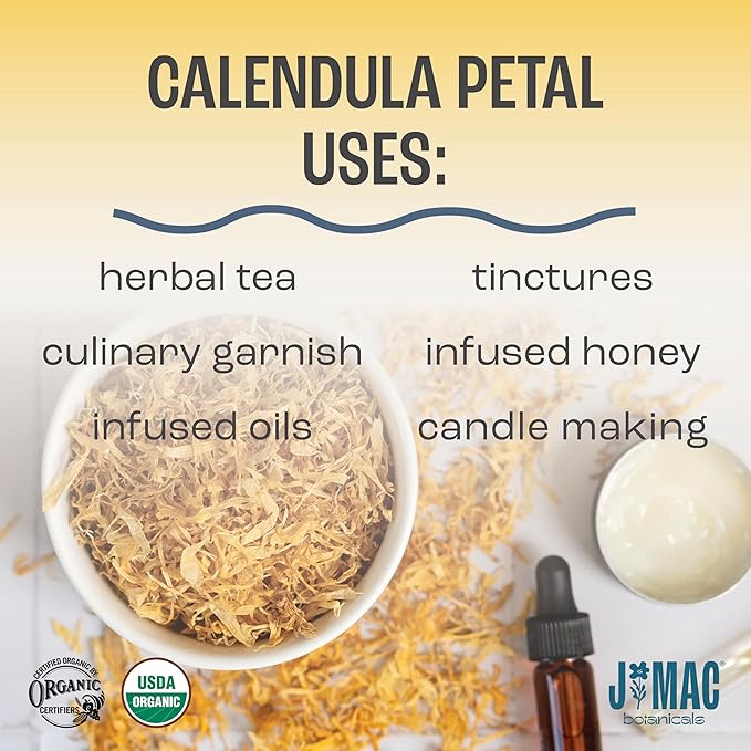 J Mac Botanicals, Organic Calendula Petals (4 oz) edible dried flowers petals, pairs well with edible dried rose petal, edible flowers for ice cubes, edible flowers for food, beverages, bath bombs