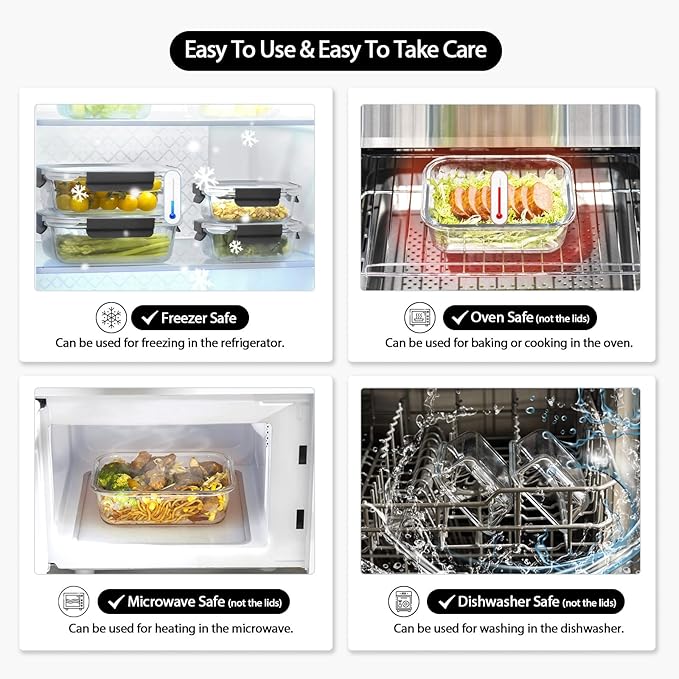 Glass Food Storage Containers with Lids Airtight, Glass Meal Prep Containers with Snap Lids for Food, Bpa-free,Easy to Open&Close/Microwave,Oven,Freezer,Dishwasher Safe/Leak-proof [10 Pack]