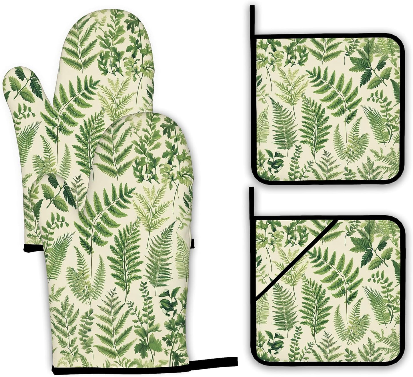 Fern Herbs Oven Mitts and Pot Holders Set,Botanical Floral Leaf Kitchen Decor Heat Resistant Non Slip Hot Pads and Oven Mitt for Chef Cooking Baking BBQ Mom Girl Gifts(4 Piece Set)
