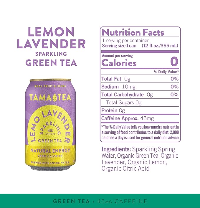 Tama Tea Sugar-Free Sparkling Green Tea, Lemo Lavender – Organic & Naturally Energizing – Zero Calories, Zero Carbs, Non-GMO – Antioxidant-Rich with 45mg Natural Caffeine – 12 oz Cans (12-Pack)