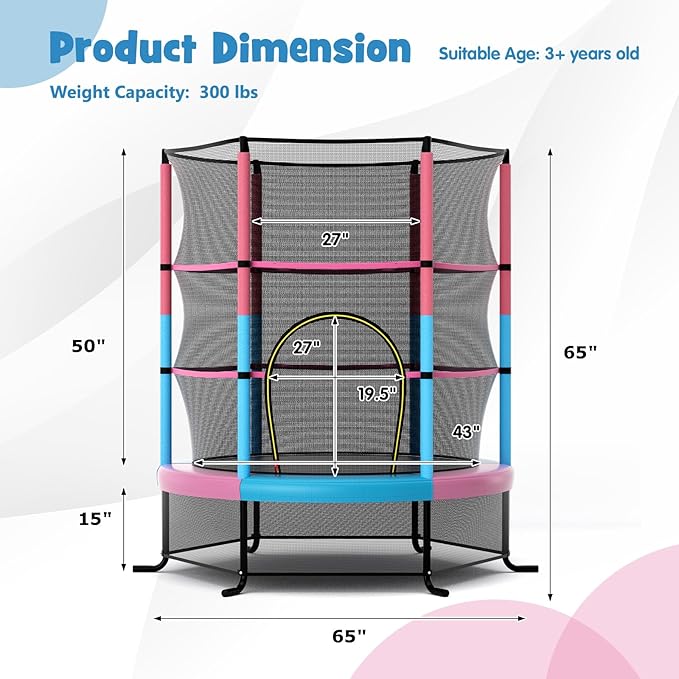 GYMAX Toddler Trampoline, 55” Trampoline for Kids with Bottom-to-Top All-Round Enclosure Net & Seamless Jumping Mat, ASTM Approved Easy Assembly Kids Mini Trampolines Indoor/Outdoor
