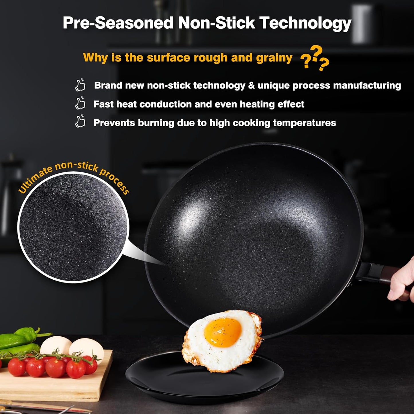 Carbon Steel Wok -13 Inch Woks & Stir-fry Pans Nonstick, Wok Pan with Lid Spatula and Dish Brush: Pre-Seasoned Flat Bottom Chinese Woks for Induction, Electric, Gas, All Stoves