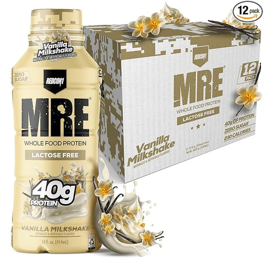 REDCON1 MRE Ready to Drink Protein Shake, Vanilla Milkshake - Lactose + Whey Free RTD 40gr Protein Made with Real Whole Food Protein Blends - Keto-Friendly, Easy to Digest Nutritional Shake (12 Pack)
