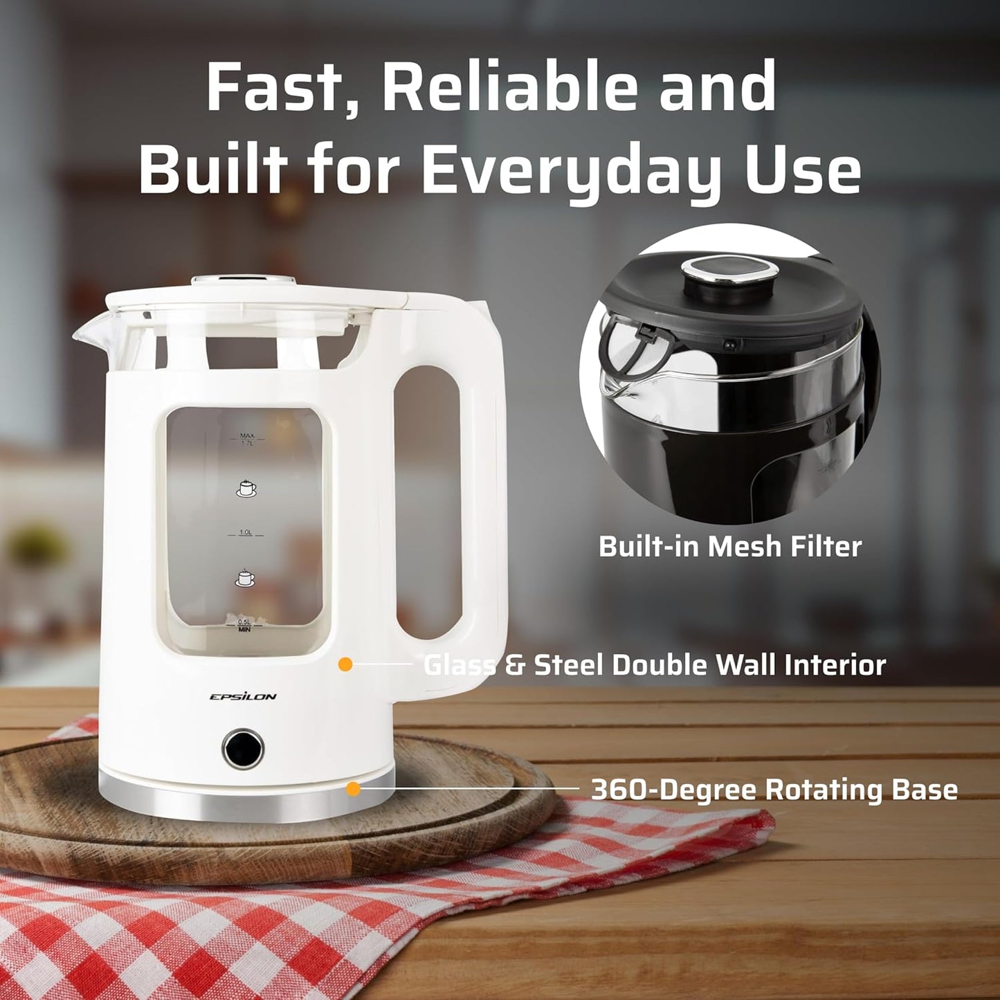 Epsilon 1.7L Glass Electric Kettle – Hot Water Tea Kettle with LED Light, Stainless Steel & Borosilicate Glass, Auto Shut-Off, BPA-Free Electric Teapot, 1500W Fast Boil, Cool Touch