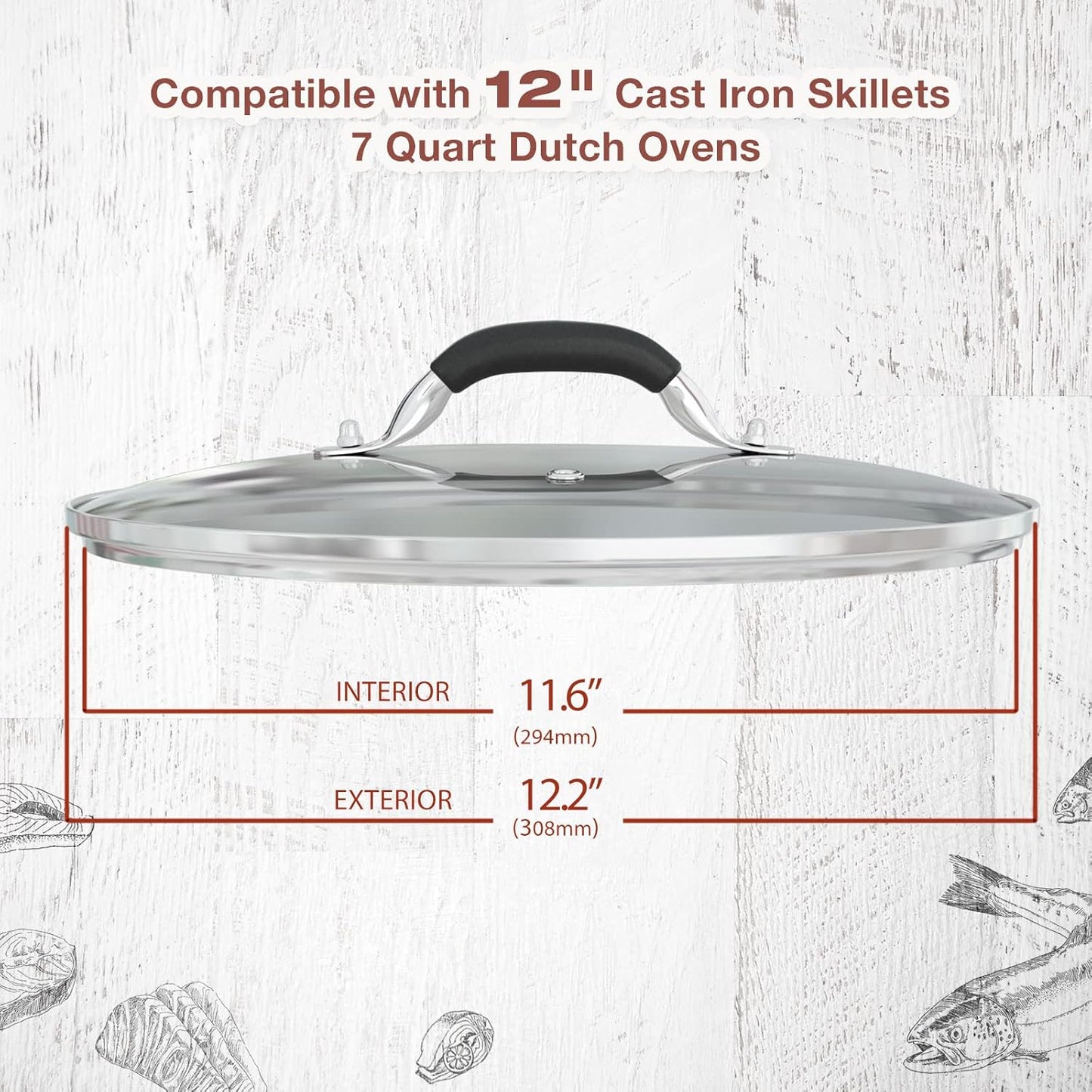 12 Inch Tempered Glass Pot Lid Compatible with 12” Lodge Cast Iron Skillets and 7 Quart Dutch Ovens - Designed with Steam Vent Hole and Heat Resistant Handle