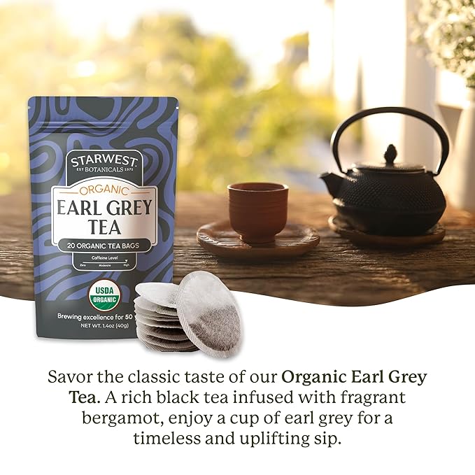 Starwest Botanicals Organic Earl Grey Tea - Caffeinated Herbal Blend with Black Tea & Bergamot, Enjoy Hot or Cold, String Free Sachets, USDA Organic, Non GMO - 20 Tea Bags