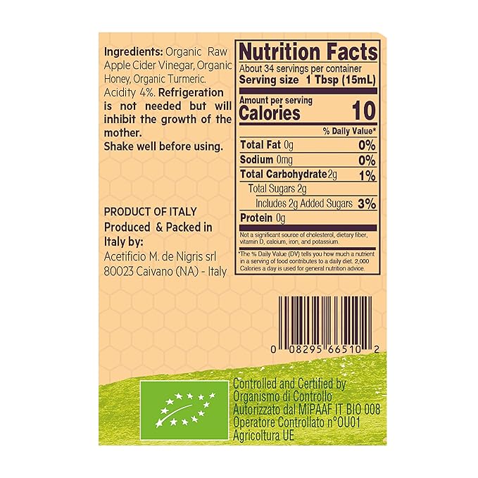 De Nigris Organic Apple Cider Vinegar With Honey & Turmeric, Raw & Unfiltered 16,9 Oz (Pack of 2) | Apple Cider Vinegar With Mother For The Balance Of Metabolism, Organic