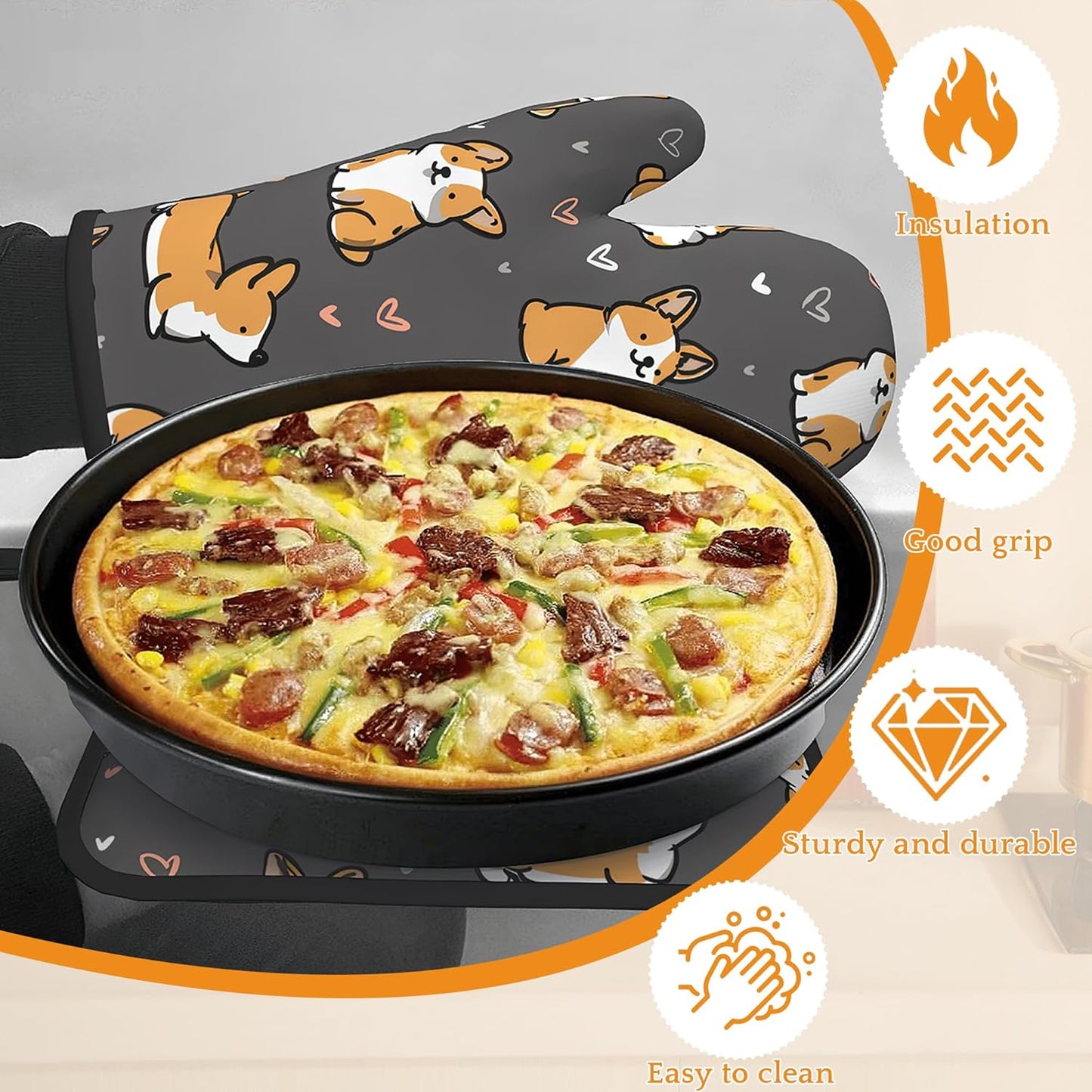 Cute Corgi Dog Oven Mitts and Pot Holders,Heat Resistant Oven Mitts Gloves and Pot Holder for Home Kitchen Decorations Cooking Baking BBQ Gifts,Set of 4