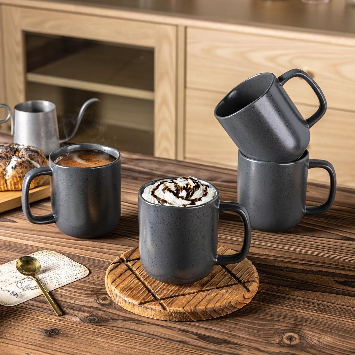 AmorArc 14oz Coffee Mugs Set of 6, Ceramic Coffee Mugs with Large Handle & Wavy Rim for Latte/Hot Cocoa/Tea, Stylish Coffee Cups for Men Women. Oven,Dishwasher&Microwave Safe, Dark Gray