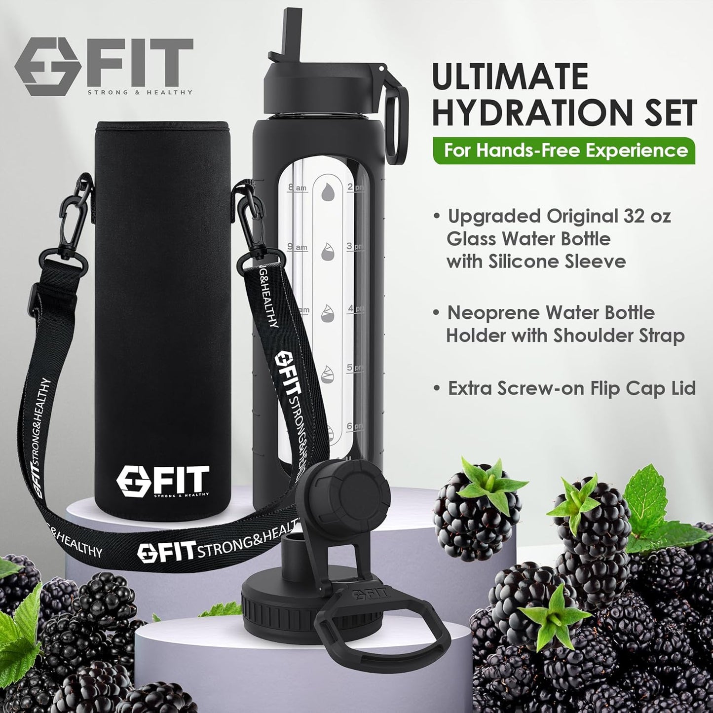 FIT Strong & Healthy 32 oz Glass Water Bottle with Straw Lid, Time Marker, Sleeve & Extra Lid - Motivational, Wide Mouth 1 Liter Glass Drinking Bottle