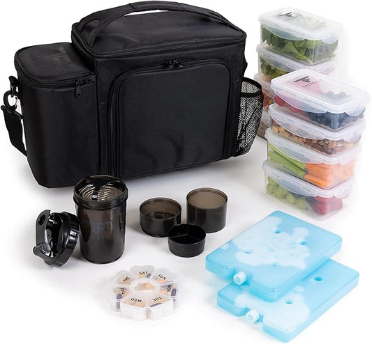 ThinkFit Large Black Meal Prep Lunch Bag, 8 Portion Control Containers, Pill Dispenser, Shaker Cup & 2 XL Reusable Ice Packs