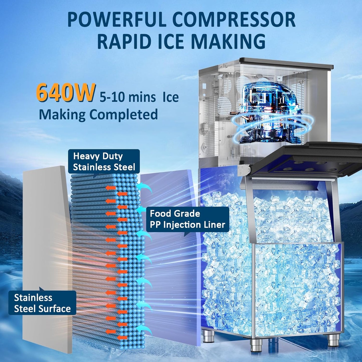 Commercial Ice Maker Machine 500LBS/24H 360LBS Ice Bin LCD Touch Screen Self Cleaning Function Freestanding Ice Maker 156 Counts Ice Ready in 5-10 min Clear Ice Cube for Cafe, Bar, Home