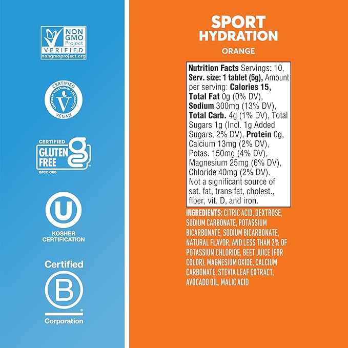 Nuun Sport Electrolyte Tablets with Magnesium, Calcium, Potassium, Chloride & Sodium, Gluten Free & Vegan, Orange, 8 Pack (80 Servings Total)
