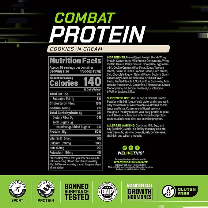 MusclePharm Combat Protein Powder, Cookies ‘N’ Cream Flavor, Fuels Muscles for Productive Workouts, 5 Protein Sources including Whey Protein Isolate & Egg Albumin, Gluten Free, 4 lb, 52 Servings