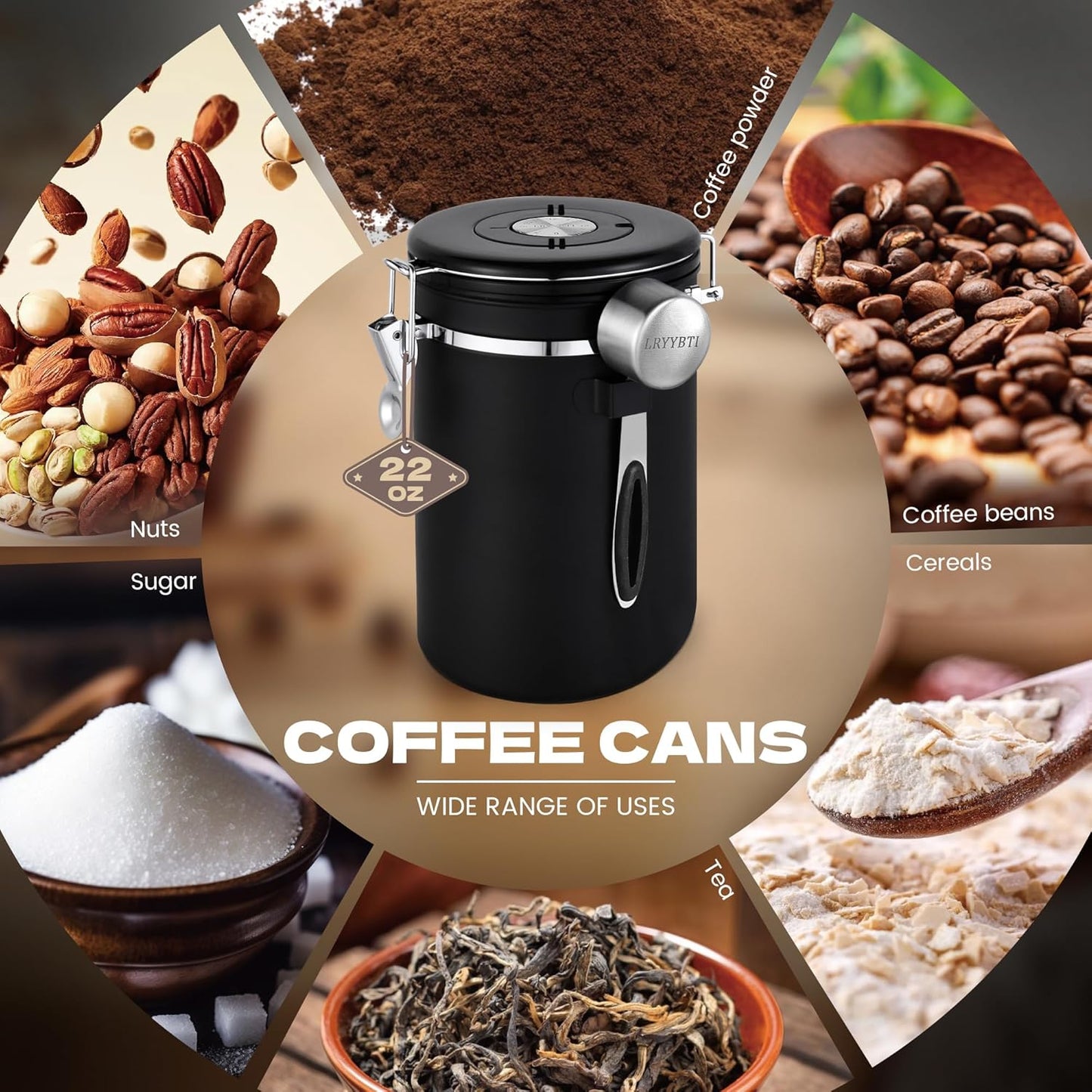 Coffee Canisters with Window,Scoop and Airtight Lid Stainless Steel Kitchen Bean Storage Grounds Container（22OZ/Black)Date Tracker and Scoop for Grounds Coffee Bar Accessories Beans, Cereal, Sugar
