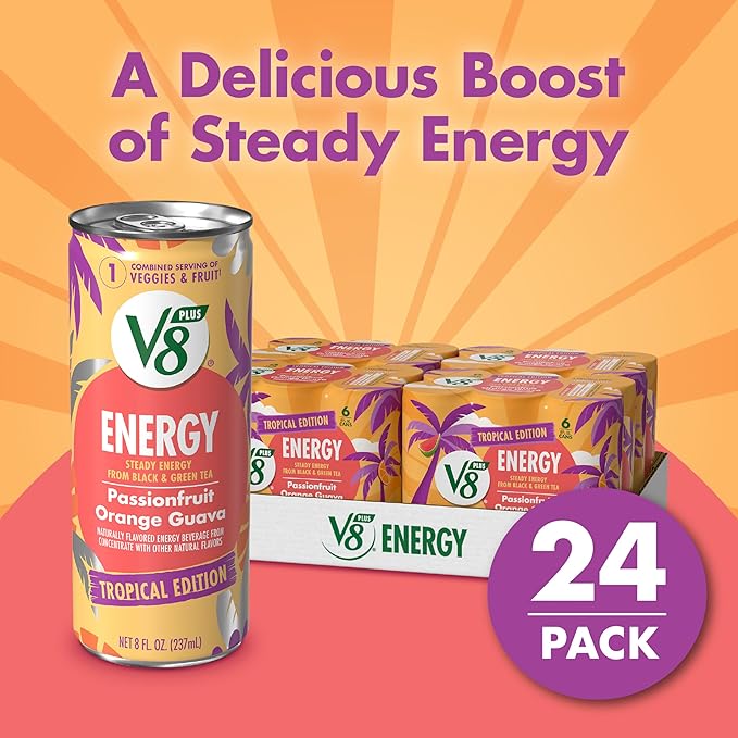 V8 +Energy Passionfruit Orange Guava Juice Energy Drink, 8 fl oz Can (24 Pack)
