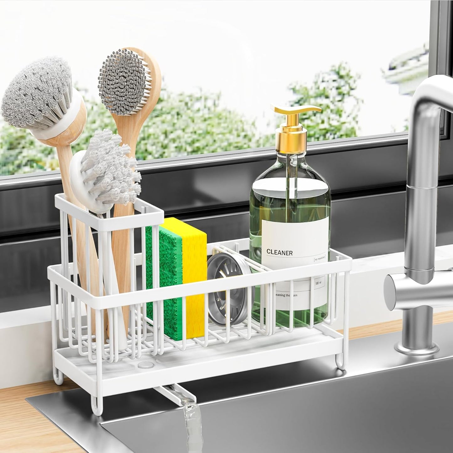 Cisily White Sponge Holder for Kitchen Sink, Sink Caddy Organizer with High Brush Holder, Kitchen Countertop Organizers and Storage Essentials, Rustproof 304 Stainless Steel, Soap Dispenser Organize