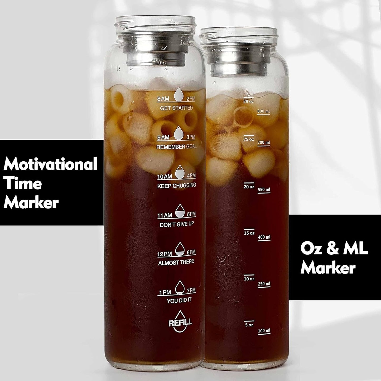 32 oz Motivational Glass Water Bottles with Bamboo Lid Straw and Time Marker - Sports Water Bottle for Drinking