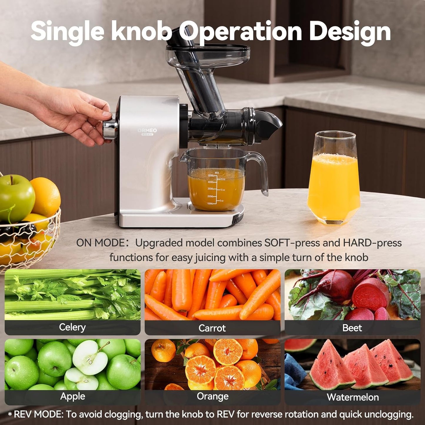 Juicer Machines,ORMEO HOME Cold Press Juicer with 3.60"Large Feed Chute For Vegetable and Fruit,Slow Masticating Juicers Easy to Clean,Quiet Motor,BPA-Free,High Juice Yield(Updated)