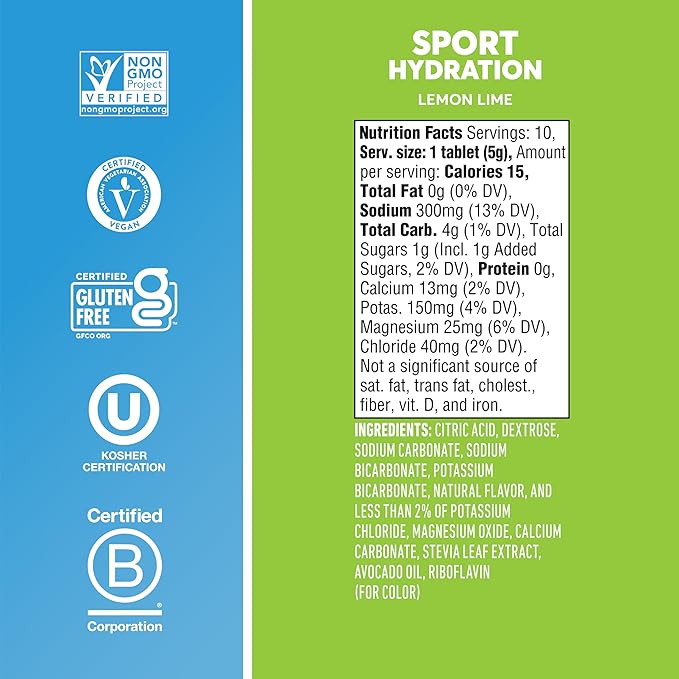 Nuun Sport Electrolyte Tablets with Magnesium, Calcium, Potassium, Chloride & Sodium, Gluten Free & Vegan, Lemon Lime, 4 Pack (40 Servings Total)